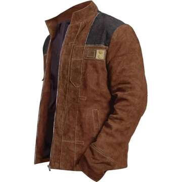 Mens Brown Suede Leather Jacket Star Space Solitary Warrior Cosplay Costume Zipper Closure