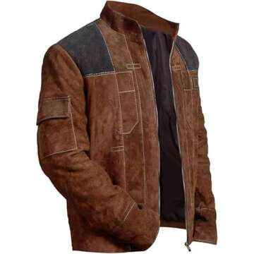 Mens Brown Suede Leather Jacket Star Space Solitary Warrior Cosplay Costume Zipper Closure