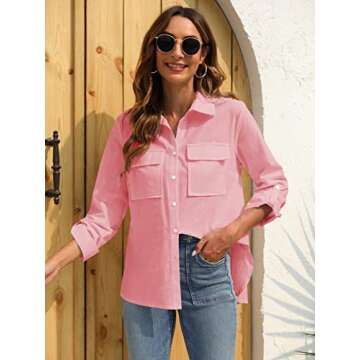 Runcati Womens Button Down Shirt Cotton Linen Long Sleeve V Neck Dress Shirts Casual Loose Roll Up Work Blouse Tops with Pockets Pink