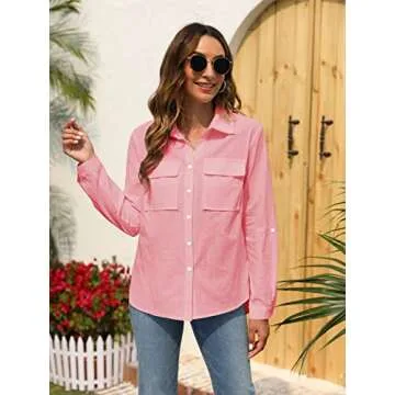 Runcati Womens Button Down Shirt Cotton Linen Long Sleeve V Neck Dress Shirts Casual Loose Roll Up Work Blouse Tops with Pockets Pink