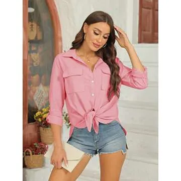 Runcati Womens Button Down Shirt Cotton Linen Long Sleeve V Neck Dress Shirts Casual Loose Roll Up Work Blouse Tops with Pockets Pink