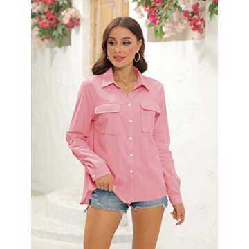 Runcati Womens Button Down Shirt Cotton Linen Long Sleeve V Neck Dress Shirts Casual Loose Roll Up Work Blouse Tops with Pockets Pink