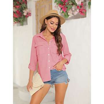 Runcati Womens Button Down Shirt Cotton Linen Long Sleeve V Neck Dress Shirts Casual Loose Roll Up Work Blouse Tops with Pockets Pink