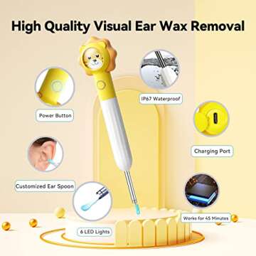 Ear Wax Removal Tool, 8MP HD Ear Cleaner with Camera and 6 LED Lights, Earwax Removal Kit for Kids and Adults, Ear Camera for iPhone, iPad, Android Phones, Q3 (Yellow with Kit)