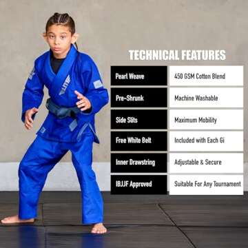 Elite Sports Kids BJJ GI, Youth IBJJF Children’s Brazilian Jiujitsu Gi kimono W/Preshrunk Fabric & Free Belt (Blue, 00)