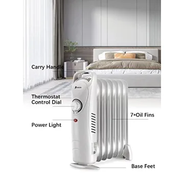 JASUN Oil Filled Radiator Heater with Adjustable Thermostat, Mini Portable Space Heater 700W for Indoor Use, Overheat Safety, Quiet Work, White