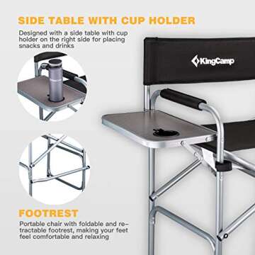 KingCamp Tall Director Chair Makeup Folding Artist Chair Bar Height with Side Table, Cup Holder, Side Storage Bag, Footrest, Supports 300 lbs, 22 x 23 x 40 inches