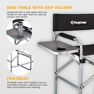 KingCamp Tall Director Chair Makeup Folding Artist Chair Bar Height with Side Table, Cup Holder, Side Storage Bag, Footrest, Supports 300 lbs, 22 x 23 x 40 inches