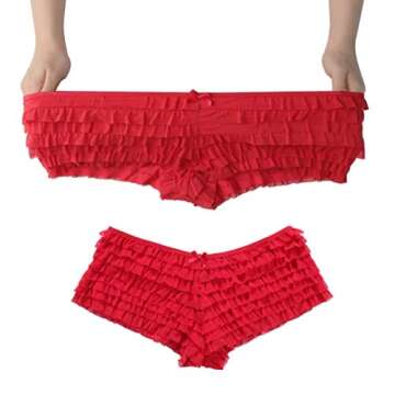SHARICCA Womens Sexy Mesh Ruffle Panties Booty Boy Shorts Underwear (Red, S/M)