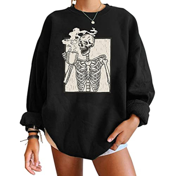 Meladyan Halloween Skull Graphic Print Fleece Oversized Sweatshirt Crewneck Long Sleeve Drop Shoulde...