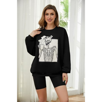 Meladyan Halloween Skull Fleece Oversized Sweatshirt