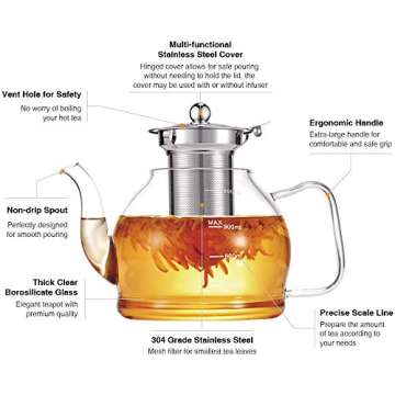 Glass Teapot, 40oz/1200ml Glass Teapot with Removable Infuser, Clear Tea Pot for Blooming Tea, Loose Tea, Flowering Tea, Stovetop Safe Borosilicate Glass Teapot with Scale Line, and Tea Brewer Guide