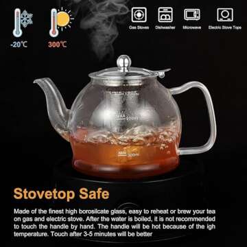 Glass Teapot, 40oz/1200ml Glass Teapot with Removable Infuser, Clear Tea Pot for Blooming Tea, Loose Tea, Flowering Tea, Stovetop Safe Borosilicate Glass Teapot with Scale Line, and Tea Brewer Guide