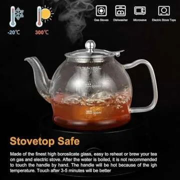 Glass Teapot, 40oz/1200ml Glass Teapot with Removable Infuser, Clear Tea Pot for Blooming Tea, Loose Tea, Flowering Tea, Stovetop Safe Borosilicate Glass Teapot with Scale Line, and Tea Brewer Guide