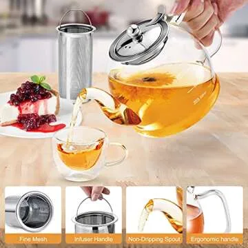 Glass Teapot, 40oz/1200ml Glass Teapot with Removable Infuser, Clear Tea Pot for Blooming Tea, Loose Tea, Flowering Tea, Stovetop Safe Borosilicate Glass Teapot with Scale Line, and Tea Brewer Guide