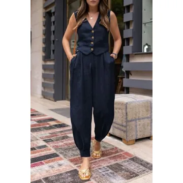 PRETTYGARDEN Summer Fashion Two Piece Sets for Women Cotton V Neck Buttons Sleeveless Cropped Tops Vest Pants with Pockets (Dark Blue,XX-Large)