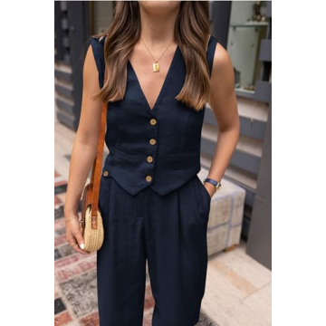 PRETTYGARDEN Summer Fashion Two Piece Sets for Women Cotton V Neck Buttons Sleeveless Cropped Tops Vest Pants with Pockets (Dark Blue,XX-Large)