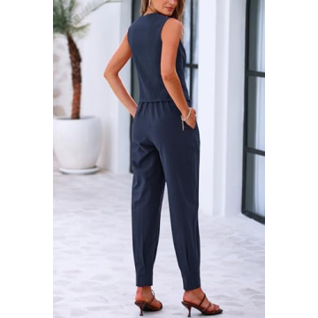 PRETTYGARDEN Summer Fashion Two Piece Sets for Women Cotton V Neck Buttons Sleeveless Cropped Tops Vest Pants with Pockets (Dark Blue,XX-Large)