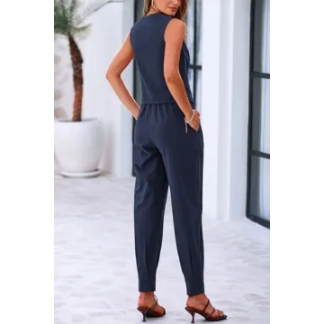 PRETTYGARDEN Summer Fashion Two Piece Sets for Women Cotton V Neck Buttons Sleeveless Cropped Tops Vest Pants with Pockets (Dark Blue,XX-Large)