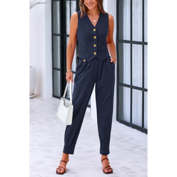 PRETTYGARDEN Summer Fashion Two Piece Sets for Women Cotton V Neck Buttons Sleeveless Cropped Tops Vest Pants with Pockets (Dark Blue,XX-Large)