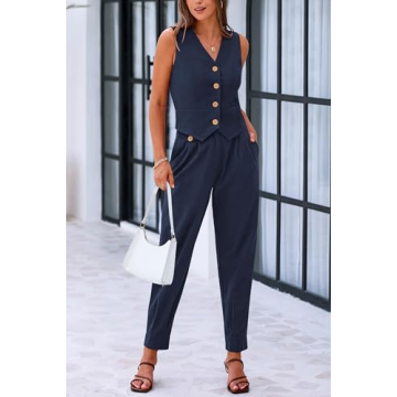 PRETTYGARDEN Summer Fashion Two Piece Sets for Women Cotton V Neck Buttons Sleeveless Cropped Tops Vest Pants with Pockets (Dark Blue,XX-Large)