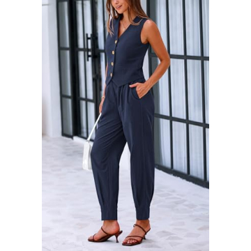 PRETTYGARDEN Summer Fashion Two Piece Sets for Women Cotton V Neck Buttons Sleeveless Cropped Tops Vest Pants with Pockets (Dark Blue,XX-Large)