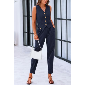 PRETTYGARDEN Summer Fashion Two Piece Sets for Women Cotton V Neck Buttons Sleeveless Cropped Tops Vest Pants with Pockets (Dark Blue,XX-Large)