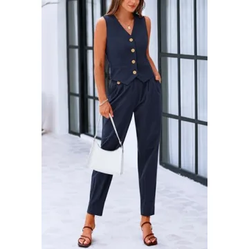 PRETTYGARDEN Summer Fashion Two Piece Sets for Women Cotton V Neck Buttons Sleeveless Cropped Tops Vest Pants with Pockets (Dark Blue,XX-Large)