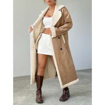 TqaSer Winter Coats for Women 2024 Women's Long Sleeve Plaid Teddy Double Breasted Coat Outerwear Jacket