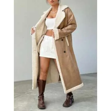 TqaSer Winter Coats for Women 2024 Women's Long Sleeve Plaid Teddy Double Breasted Coat Outerwear Jacket