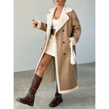 TqaSer Winter Coats for Women 2024 Women's Long Sleeve Plaid Teddy Double Breasted Coat Outerwear Jacket