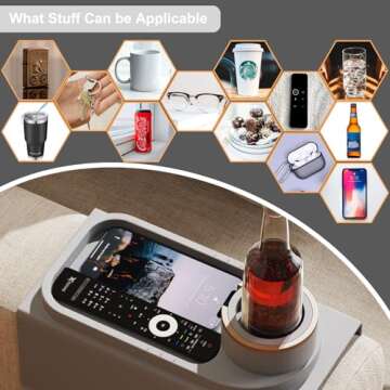 Couch Cup Holder Tray for 8 inch Sofa Arm,Silicone Couch Drink Holder-Flexible Couch Caddy for Phone, Snacks, and Remotes - Anti-Spill & Anti-Slip Couch Arm Table - Gray