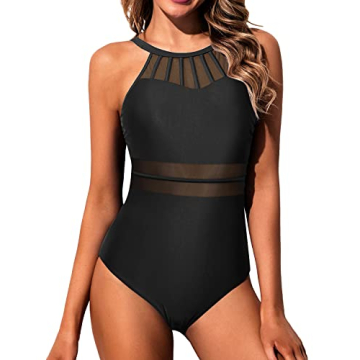 Holipick High Neck One Piece Swimsuit - Flattering Mesh Design for Women