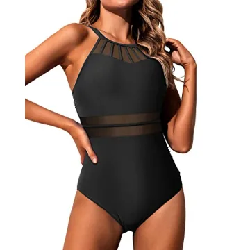 Stylish Holipick Black High Neck One Piece Bathing Suit