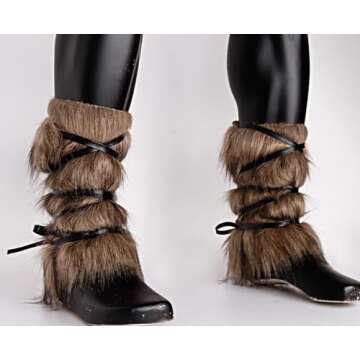 Joukavor Viking Fluffy Leg Warmers Furry Faux Fur Boot Covers Cosplay Accessory for Women Men (Brown-1)