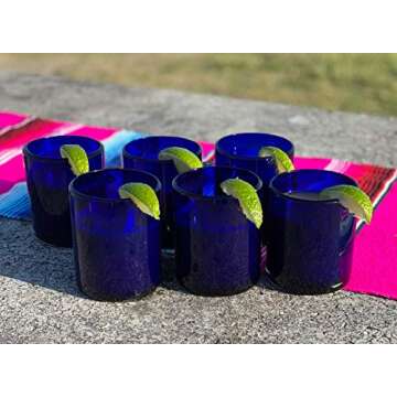 Hand Blown Mexican Drinking Glasses - Set of 6 Cobalt Tumbler Glasses (10 oz each)