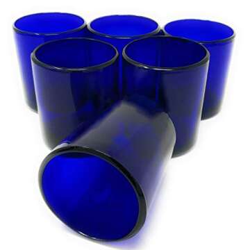 Hand Blown Mexican Drinking Glasses - Set of 6 Cobalt Tumbler Glasses (10 oz each)