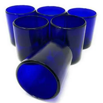 Hand Blown Mexican Drinking Glasses - Set of 6 Cobalt Tumbler Glasses (10 oz each)