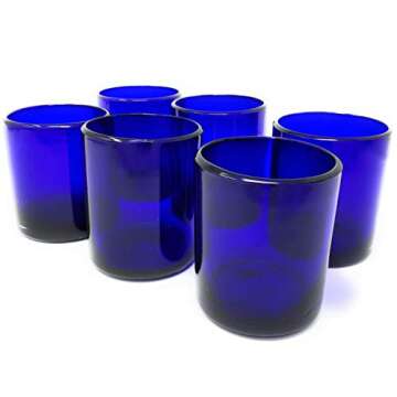 Hand Blown Mexican Drinking Glasses - Set of 6 Cobalt Tumbler Glasses (10 oz each)