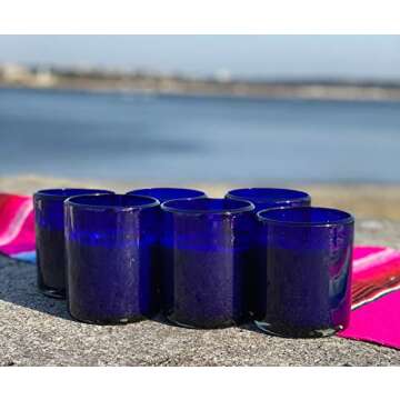 Hand Blown Mexican Drinking Glasses - Set of 6 Cobalt Tumbler Glasses (10 oz each)
