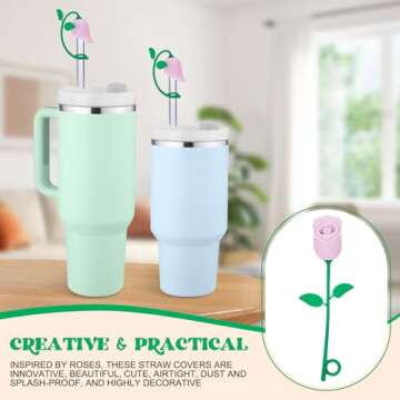 Straw Toppers for Stanley Cup, Cute Straw Cover Cap Compatible with 20 30 40 Oz Tumbler and Water Bottles, 6 8 10mm Straw Accessories, 2Pcs Silicone Rose Flower for Women Kids Gift (Pink)