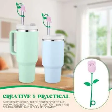 Straw Toppers for Stanley Cup, Cute Straw Cover Cap Compatible with 20 30 40 Oz Tumbler and Water Bottles, 6 8 10mm Straw Accessories, 2Pcs Silicone Rose Flower for Women Kids Gift (Pink)