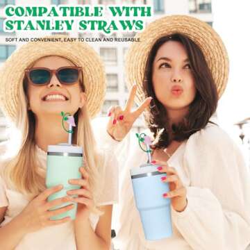 Straw Toppers for Stanley Cup, Cute Straw Cover Cap Compatible with 20 30 40 Oz Tumbler and Water Bottles, 6 8 10mm Straw Accessories, 2Pcs Silicone Rose Flower for Women Kids Gift (Pink)