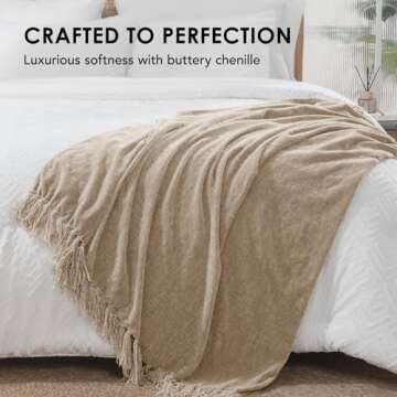 EVERGRACE Soft Chenille Throw Blanket for Couch, Cozy Plush Fuzzy Decorative Chenille Knit Throw Blanket with Tassels, Lightweight Blanket and Throws for Bed Sofa Gift Home Decor, Beige 50"x60"