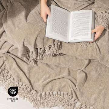 EVERGRACE Soft Chenille Throw Blanket for Couch, Cozy Plush Fuzzy Decorative Chenille Knit Throw Blanket with Tassels, Lightweight Blanket and Throws for Bed Sofa Gift Home Decor, Beige 50"x60"