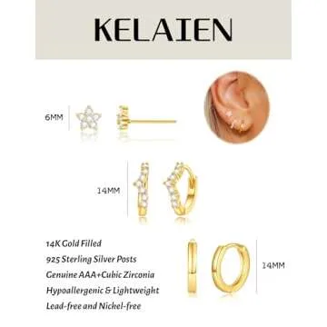 KELAIEN 3 Pairs Hoop Earrings for Women 925 Sterling Silver Trendy 14K Gold Plated Huggie Earring Silver Hypoallergenic Stud Cartilage Earring Sets for Multiple Piercing Cute Small Jewelry Gift