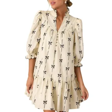 EZAPINE Women Puff Sleeve Mini Dress Mock V Neck Babydoll Short Dress with Bow Print Beige