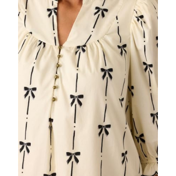 EZAPINE Women Puff Sleeve Mini Dress Mock V Neck Babydoll Short Dress with Bow Print Beige