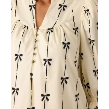 EZAPINE Women Puff Sleeve Mini Dress Mock V Neck Babydoll Short Dress with Bow Print Beige