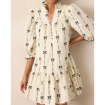 EZAPINE Women Puff Sleeve Mini Dress Mock V Neck Babydoll Short Dress with Bow Print Beige